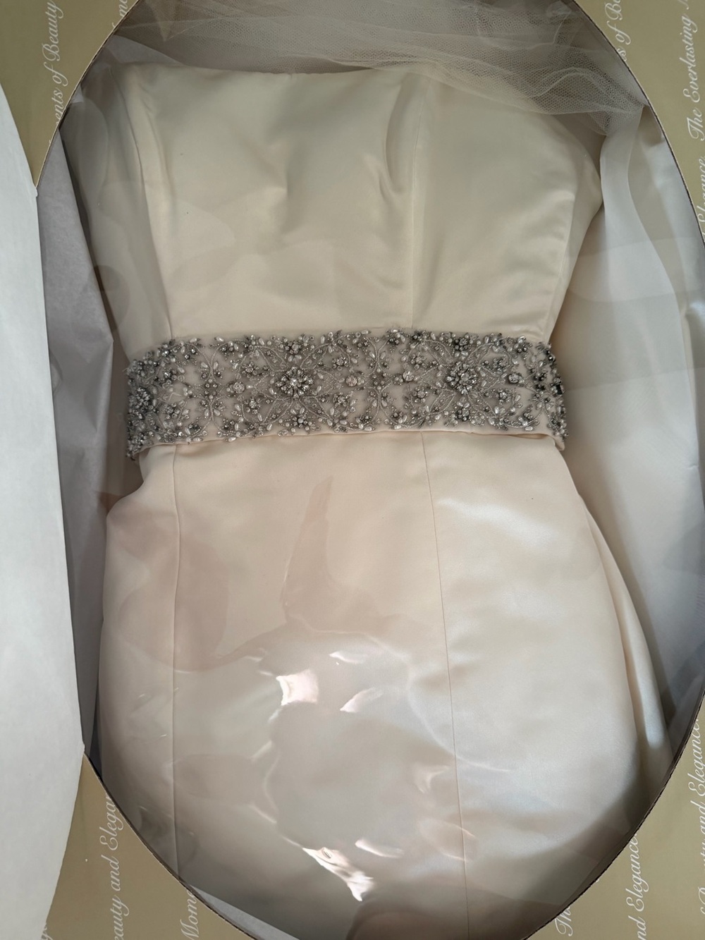 Ivory silk Strapless mermaid wedding Dress with train and Beaded Waistband